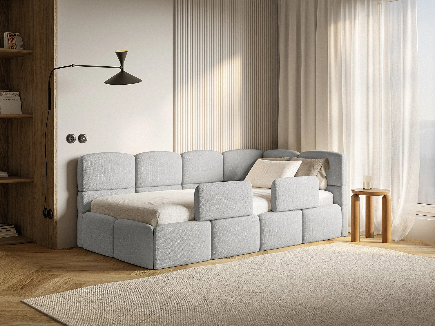 Lit enfant 120x200 cm – tête de lit à droite – matelas & coffre de rangement – chenille gris clair – CLOUDY