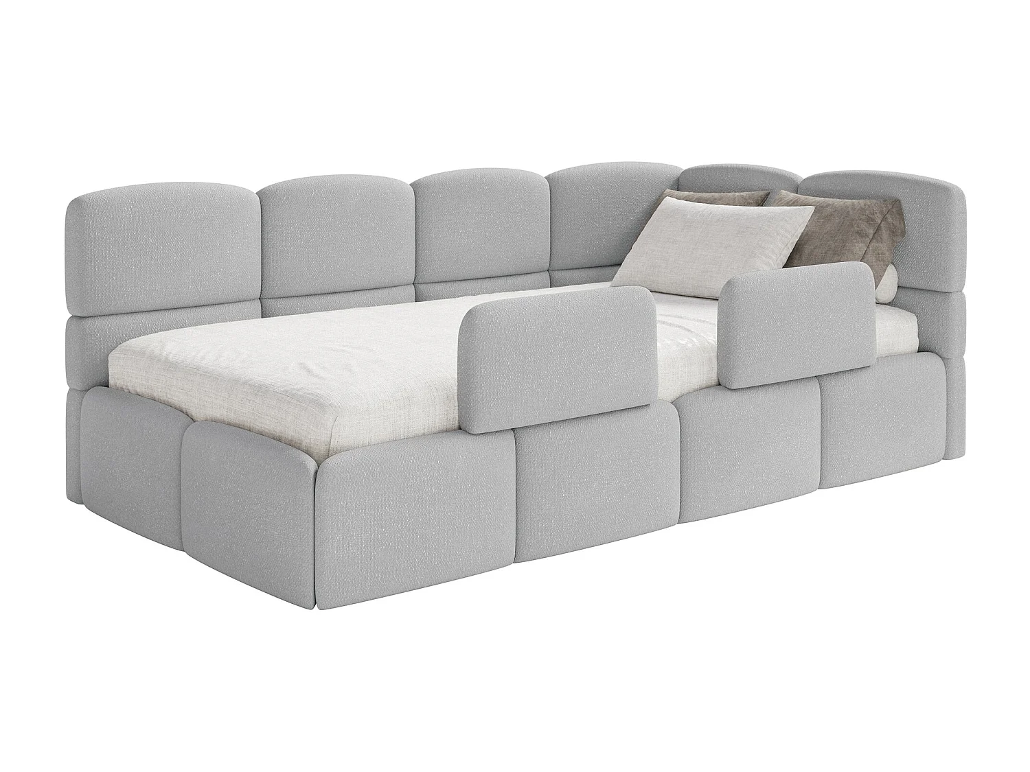 Lit enfant 120x200 cm – tête de lit à droite – matelas & coffre de rangement – chenille gris clair – CLOUDY