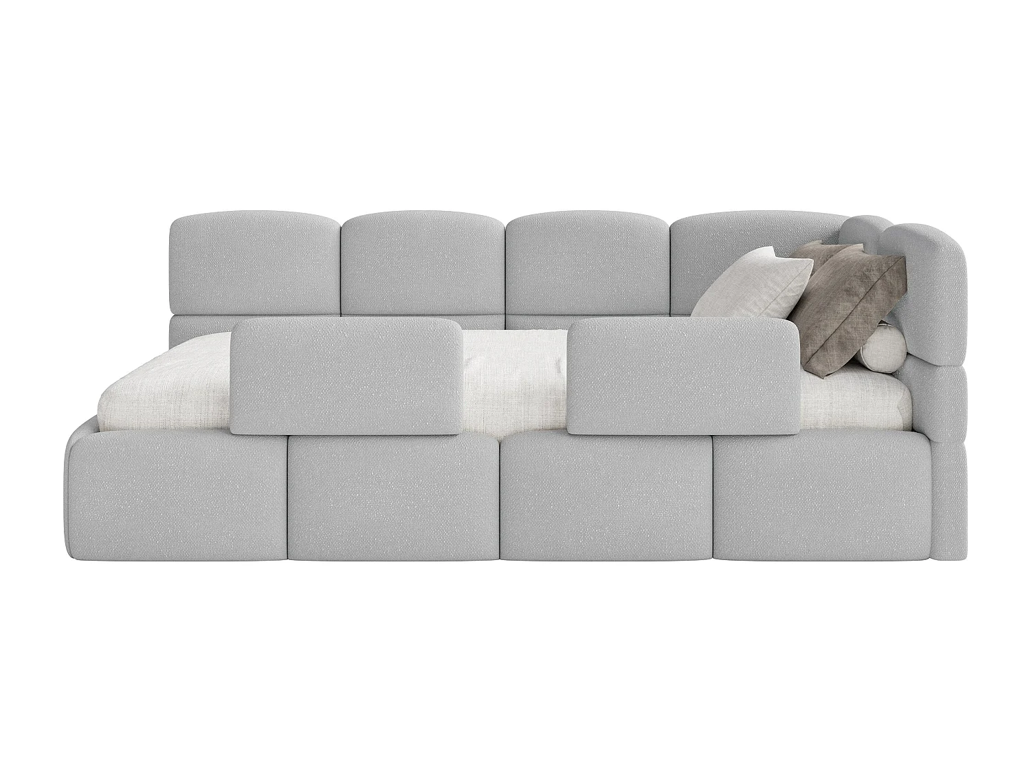 Lit enfant 120x200 cm – tête de lit à droite – matelas & coffre de rangement – chenille gris clair – CLOUDY