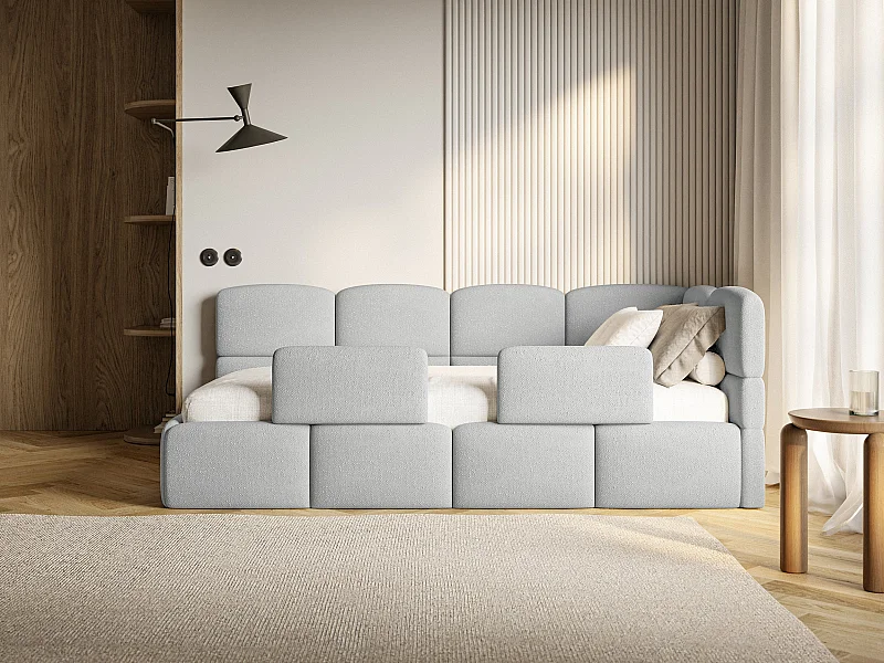 Kinderbett 120x200 Kopfteil rechts – Matratze & Stauraum – Chenille Hellgrau – CLOUDY