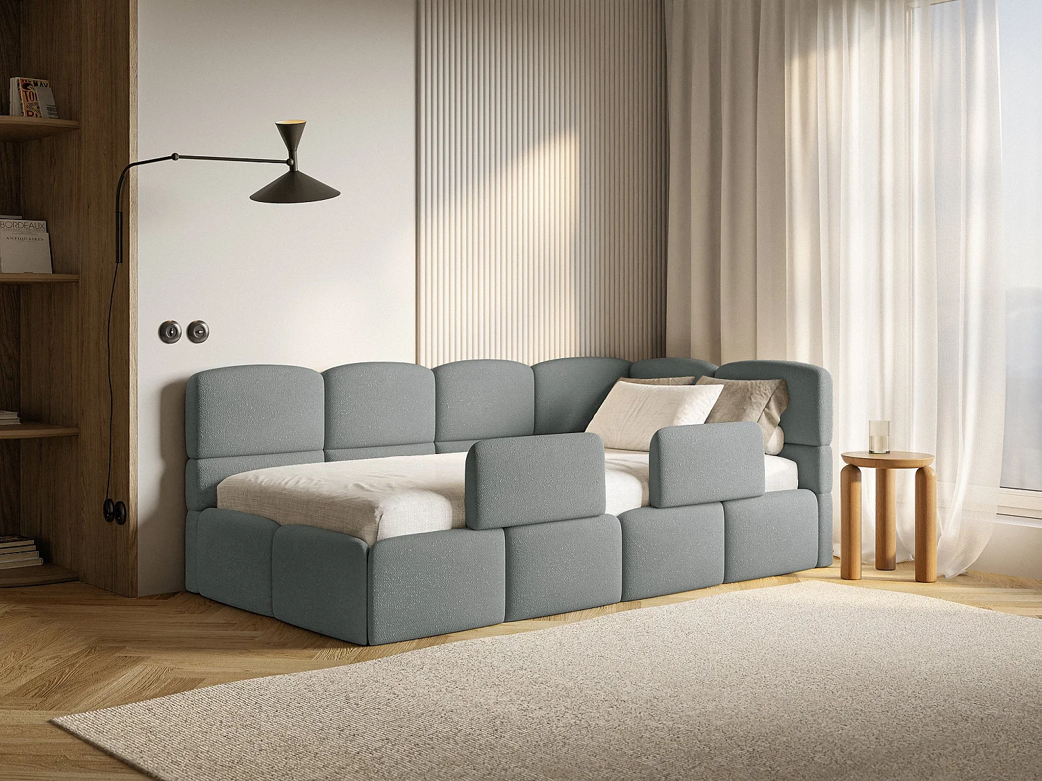 Lit enfant 120x200 cm – tête de lit à droite – matelas & coffre de rangement – chenille gris foncé – CLOUDY