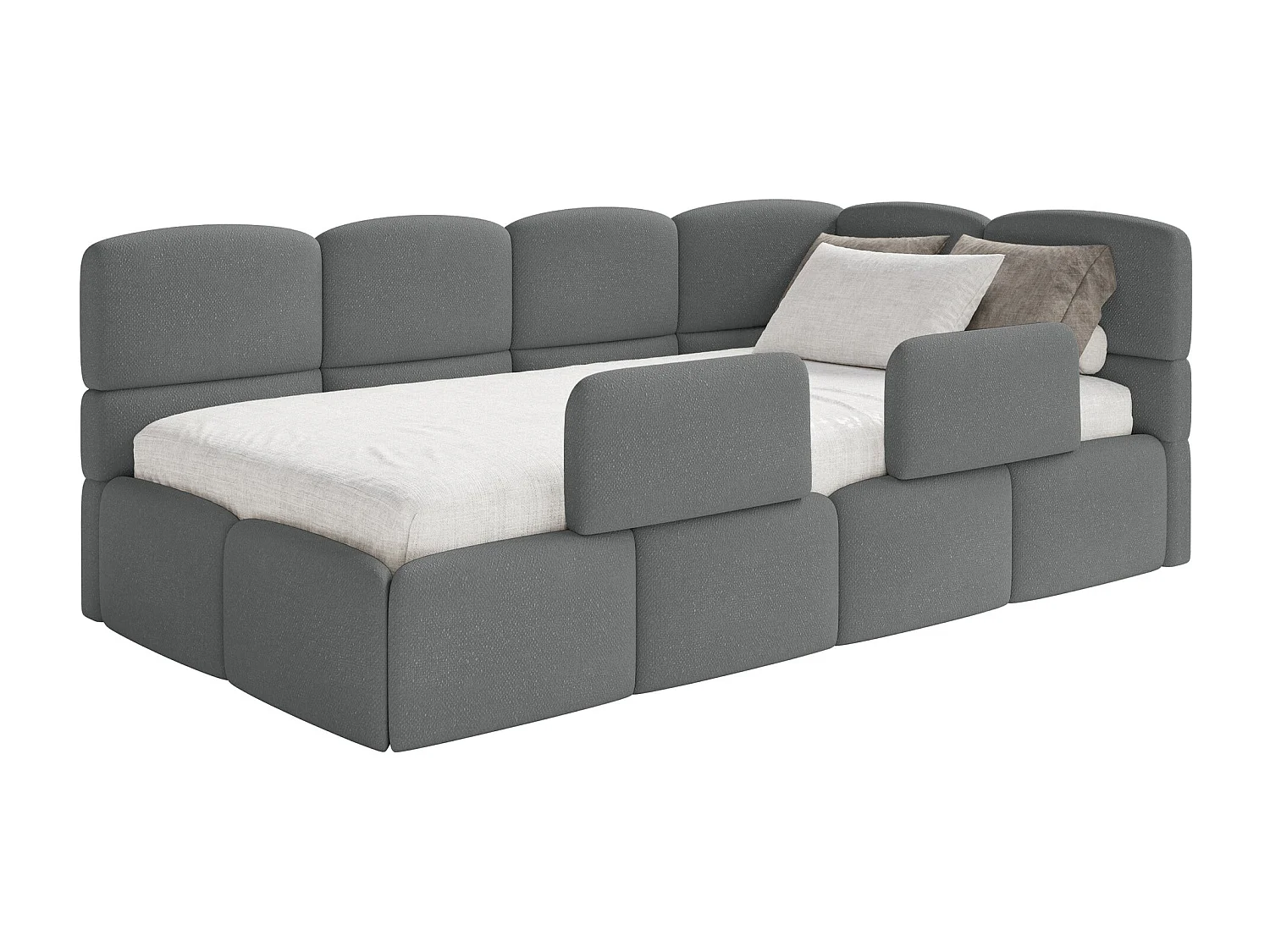 Lit enfant 120x200 cm – tête de lit à droite – matelas & coffre de rangement – chenille gris foncé – CLOUDY