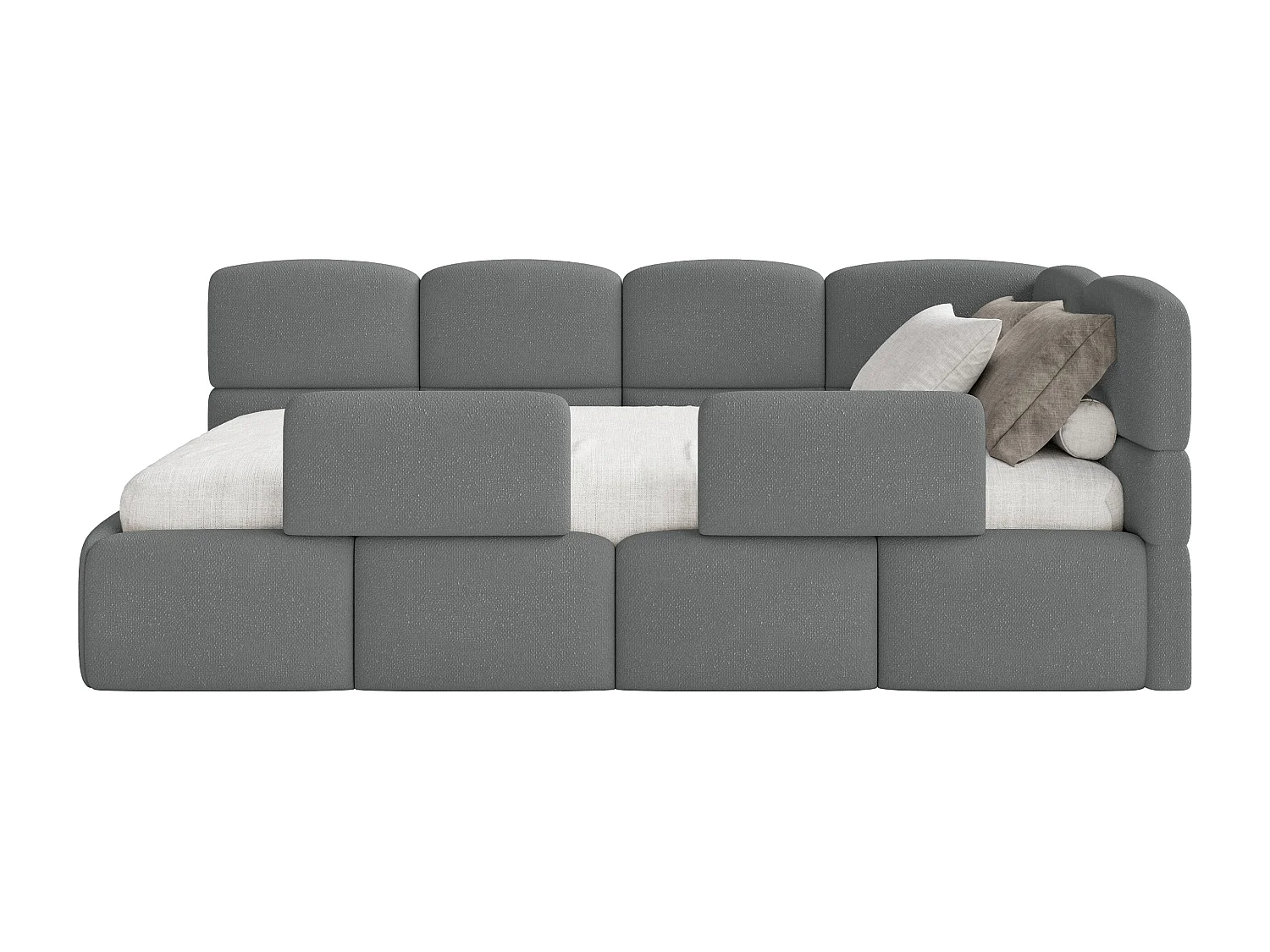Lit enfant 120x200 cm – tête de lit à droite – matelas & coffre de rangement – chenille gris foncé – CLOUDY