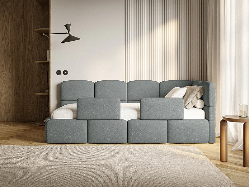 Lit enfant 120x200 cm – tête de lit à droite – matelas & coffre de rangement – chenille gris foncé – CLOUDY