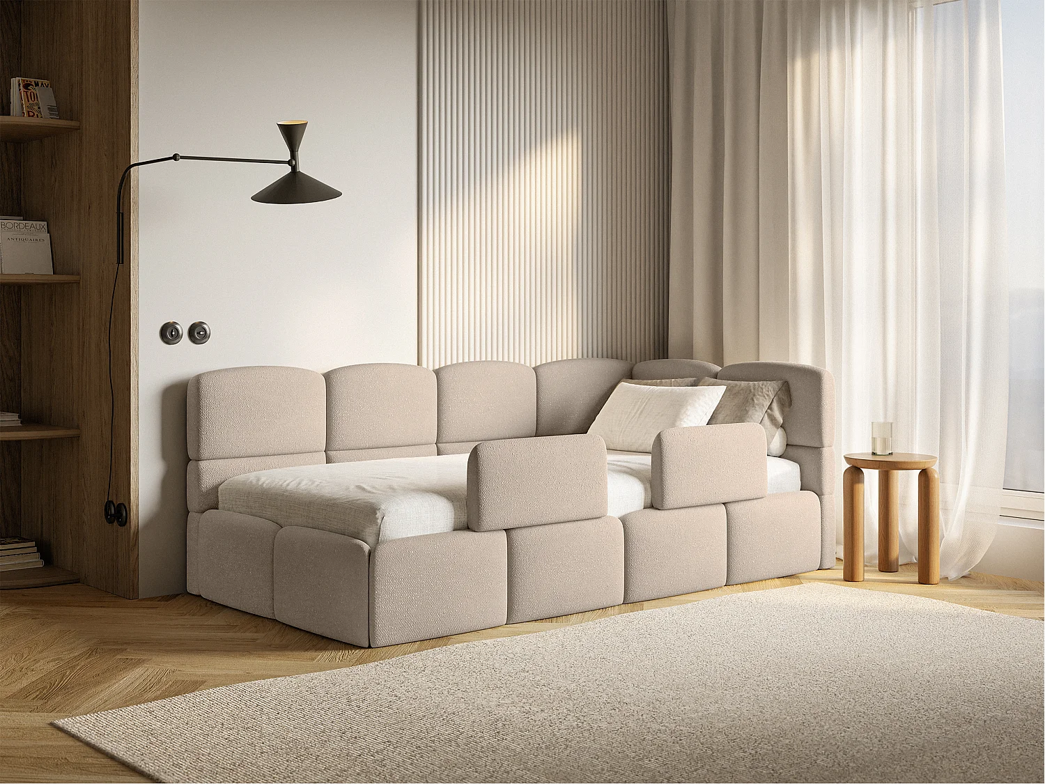 Lit enfant 120x200 cm – tête de lit à droite – matelas & coffre de rangement – chenille beige – CLOUDY