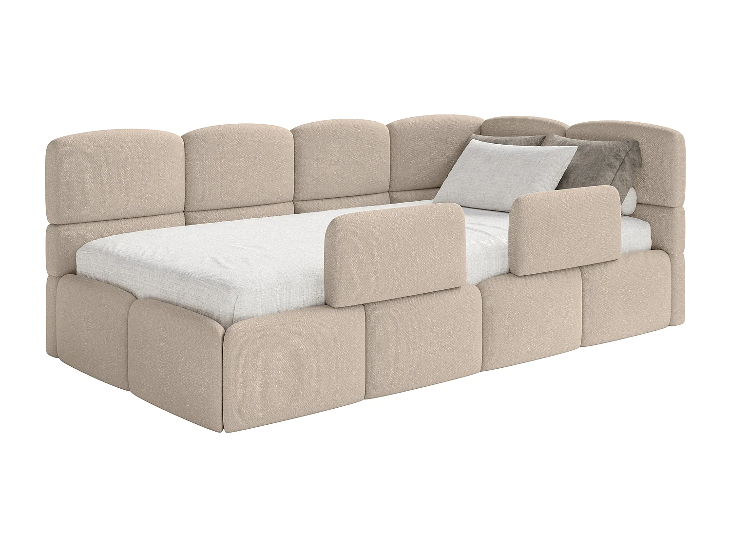 Lit enfant 120x200 cm – tête de lit à droite – matelas & coffre de rangement – chenille beige – CLOUDY