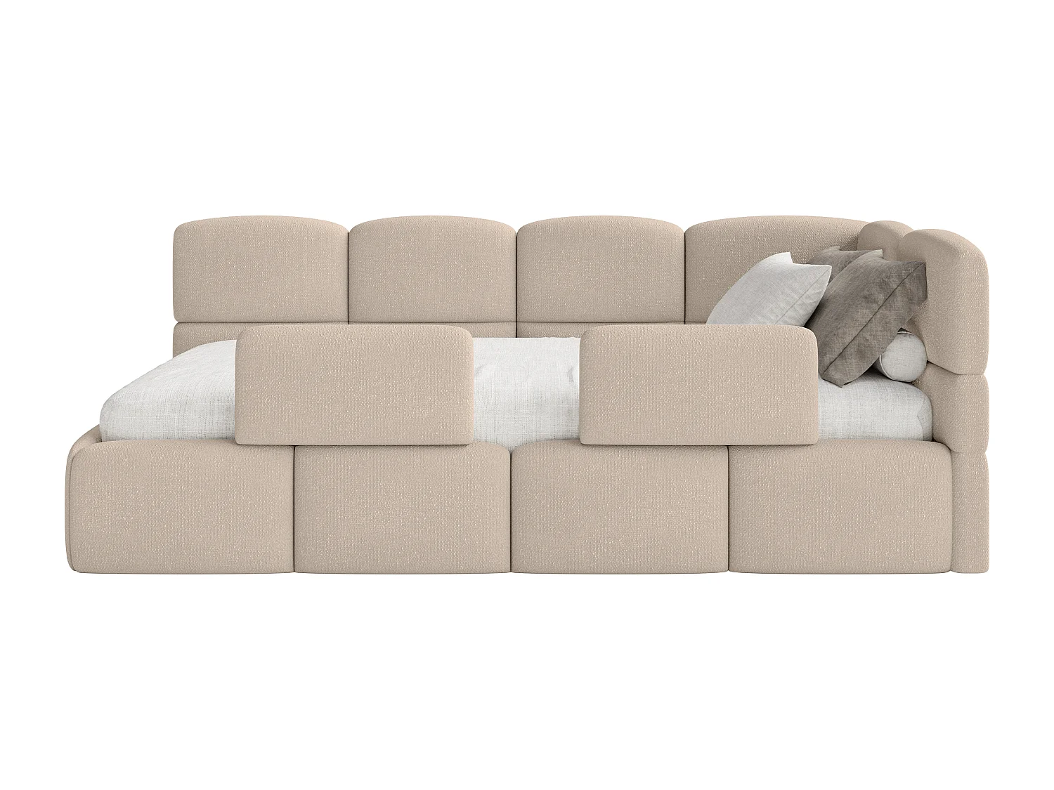 Lit enfant 120x200 cm – tête de lit à droite – matelas & coffre de rangement – chenille beige – CLOUDY