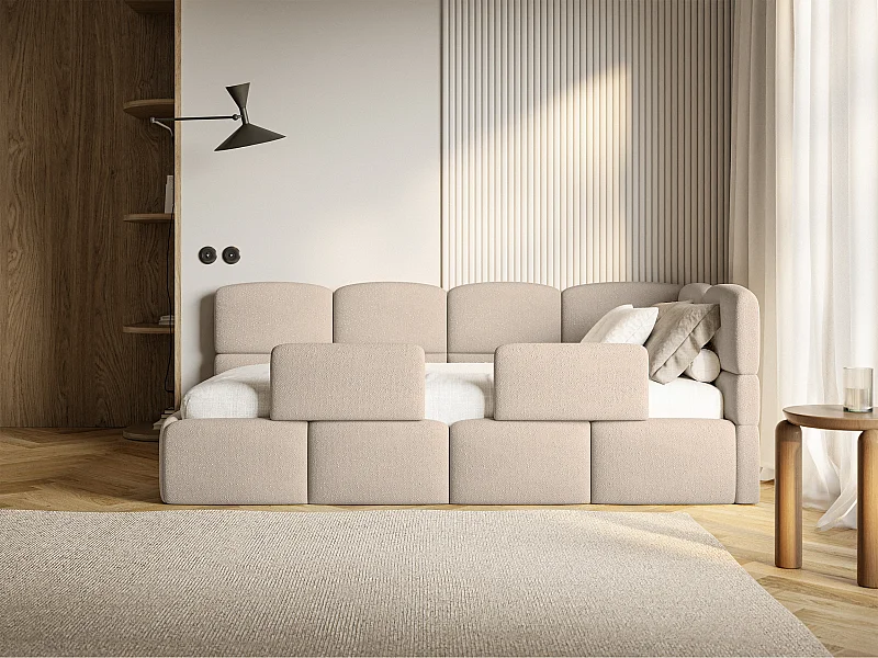 Lit enfant 120x200 cm – tête de lit à droite – matelas & coffre de rangement – chenille beige – CLOUDY