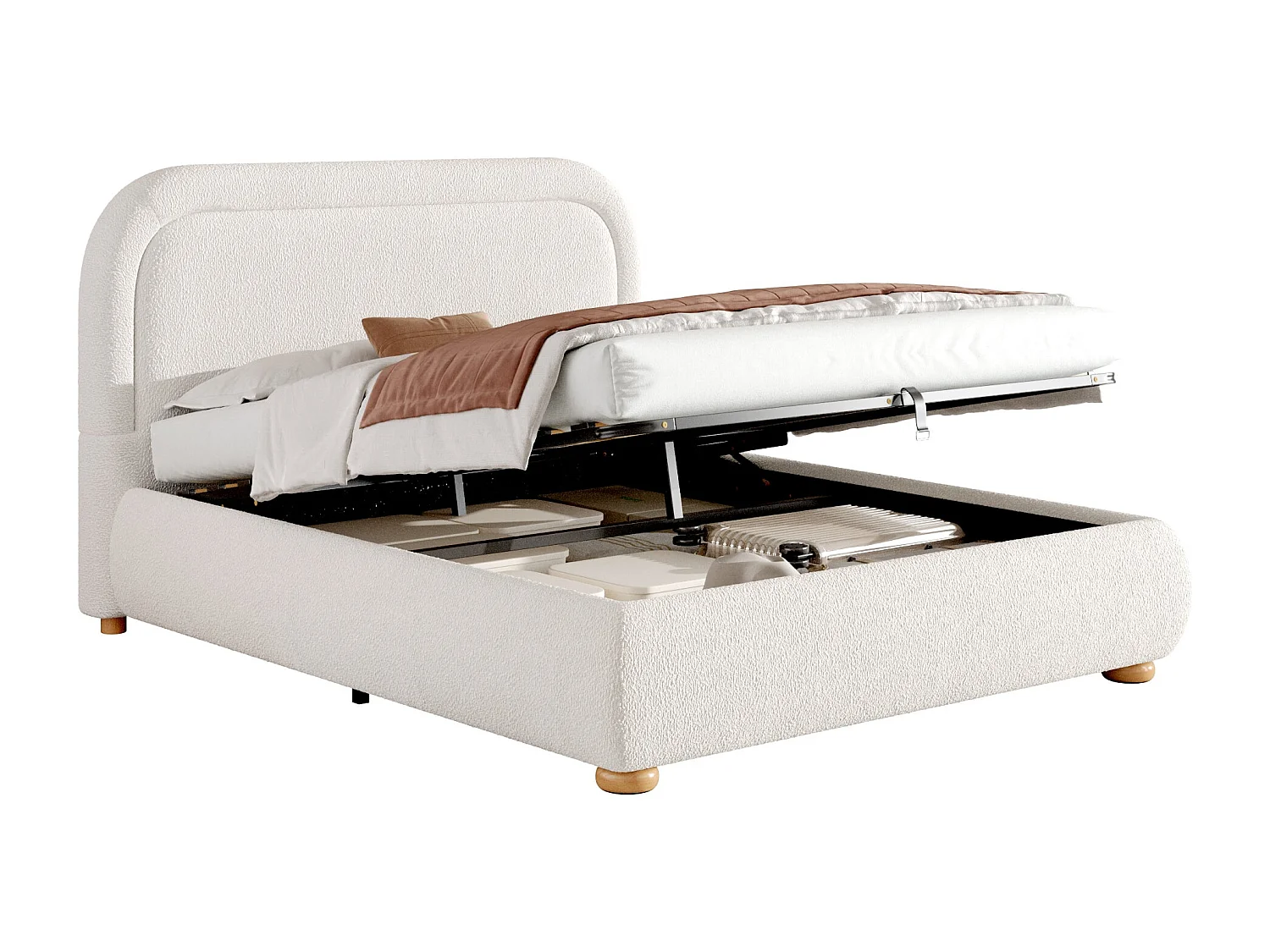 Lit coffre 160x200 cm, lit double avec fonctionnel hydraulique, avec sommier à lattes, tête de lit rembourrée et grand coffre de rangement, Blanc Bouclette