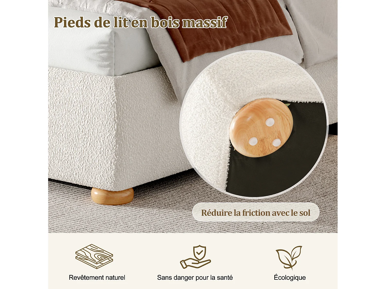 Lit coffre 160x200 cm, lit double avec fonctionnel hydraulique, avec sommier à lattes, tête de lit rembourrée et grand coffre de rangement, Blanc Bouclette