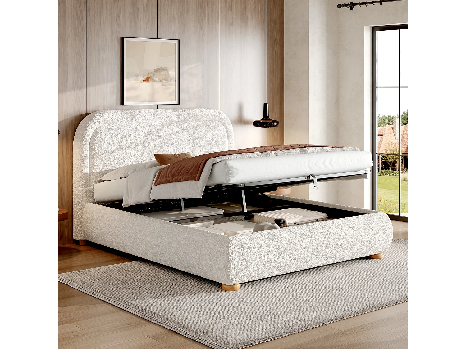 Lit coffre 160x200 cm, lit double avec fonctionnel hydraulique, avec sommier à lattes, tête de lit rembourrée et grand coffre de rangement, Blanc Bouclette