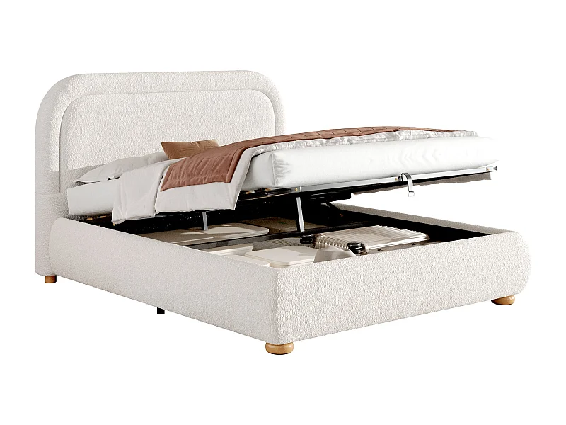 Lit coffre 160x200 cm, lit double avec fonctionnel hydraulique, avec sommier à lattes, tête de lit rembourrée et grand coffre de rangement, Blanc Bouclette