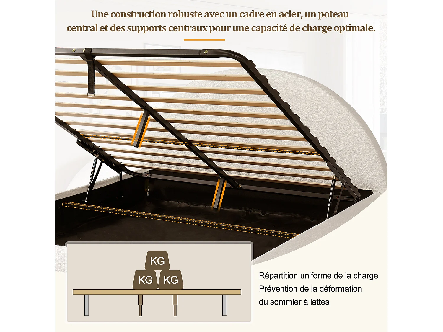 Lit coffre 180x200 cm, lit fonctionnel hydraulique, avec sommier à lattes, tête de lit rembourrée et grand coffre de rangement, Blanc Bouclette