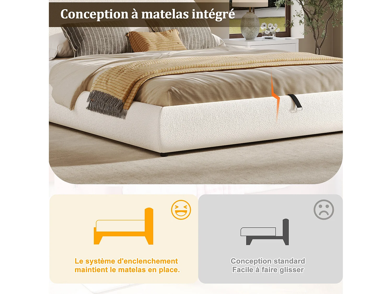 Lit coffre 180x200 cm, lit fonctionnel hydraulique, avec sommier à lattes, tête de lit rembourrée et grand coffre de rangement, Blanc Bouclette