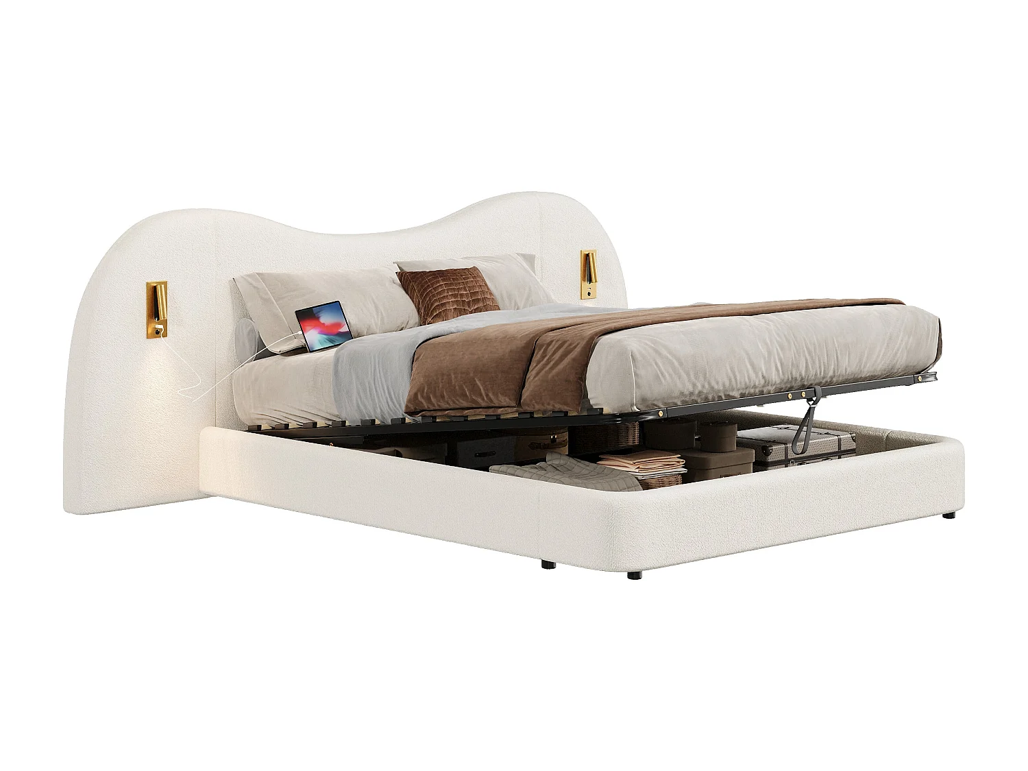 Lit coffre 180x200 cm avec sommier à lattes, lit double fonctionnel hydraulique, tête de lit rembourrée et rangement, port de USB et lampe de lecture, Blanc