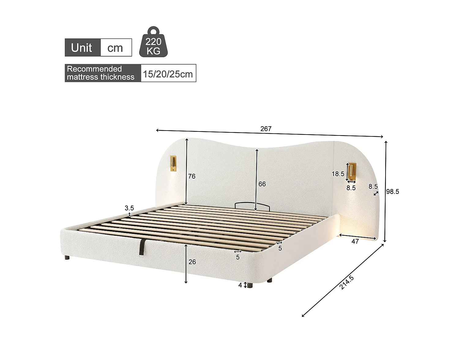 Lit coffre 180x200 cm avec sommier à lattes, lit double fonctionnel hydraulique, tête de lit rembourrée et rangement, port de USB et lampe de lecture, Blanc