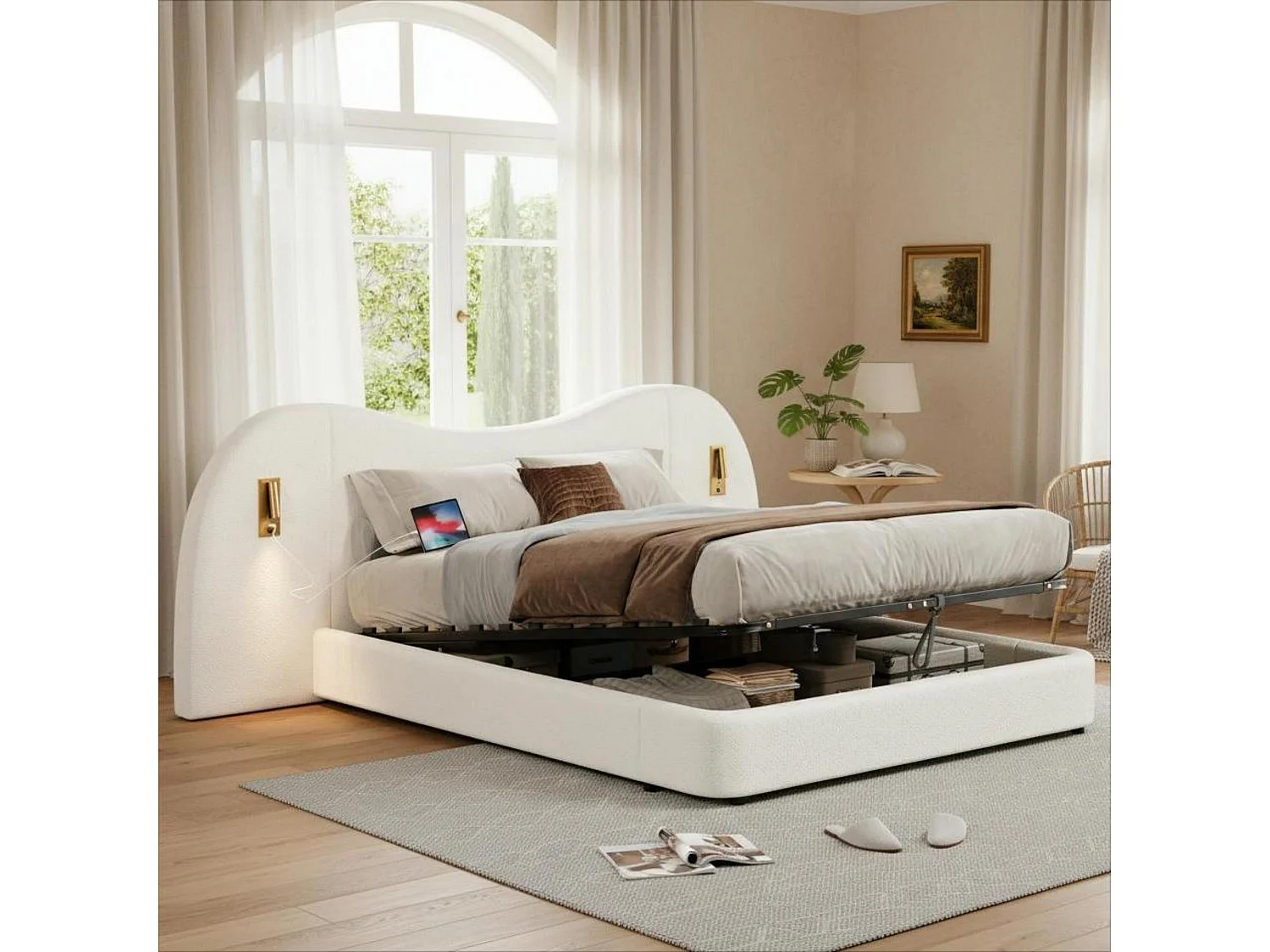 Lit coffre 180x200 cm avec sommier à lattes, lit double fonctionnel hydraulique, tête de lit rembourrée et rangement, port de USB et lampe de lecture, Blanc