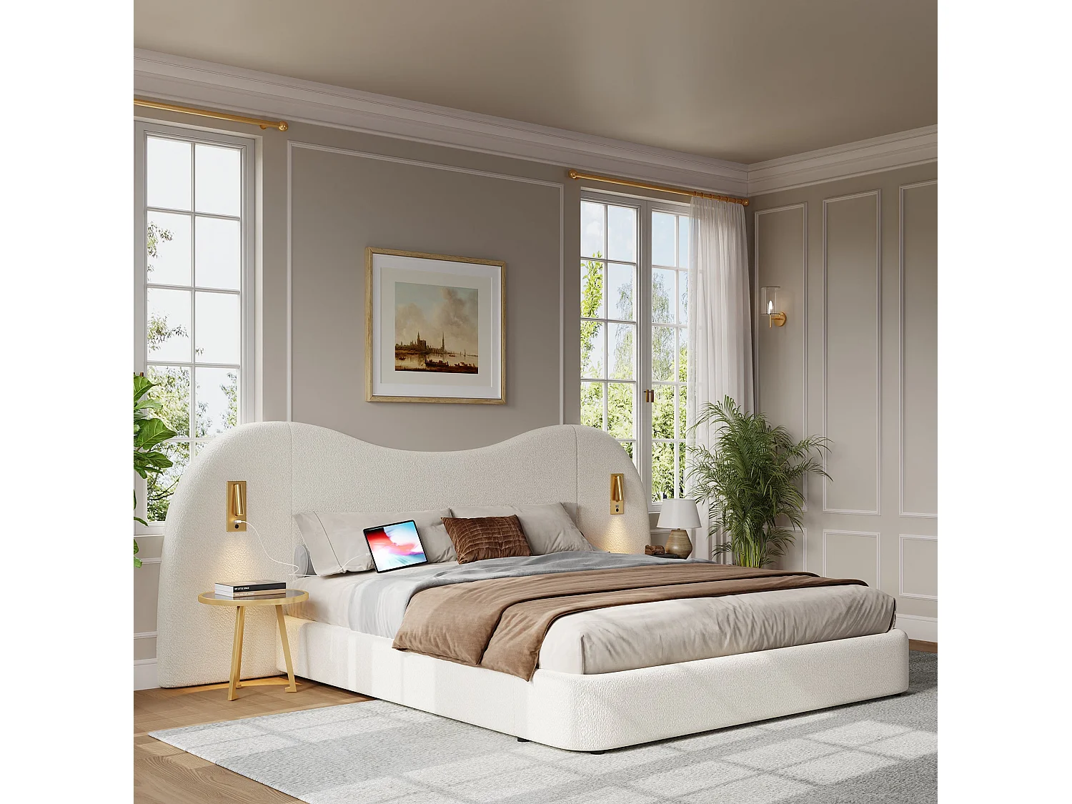 Lit coffre 180x200 cm avec sommier à lattes, lit double fonctionnel hydraulique, tête de lit rembourrée et rangement, port de USB et lampe de lecture, Blanc