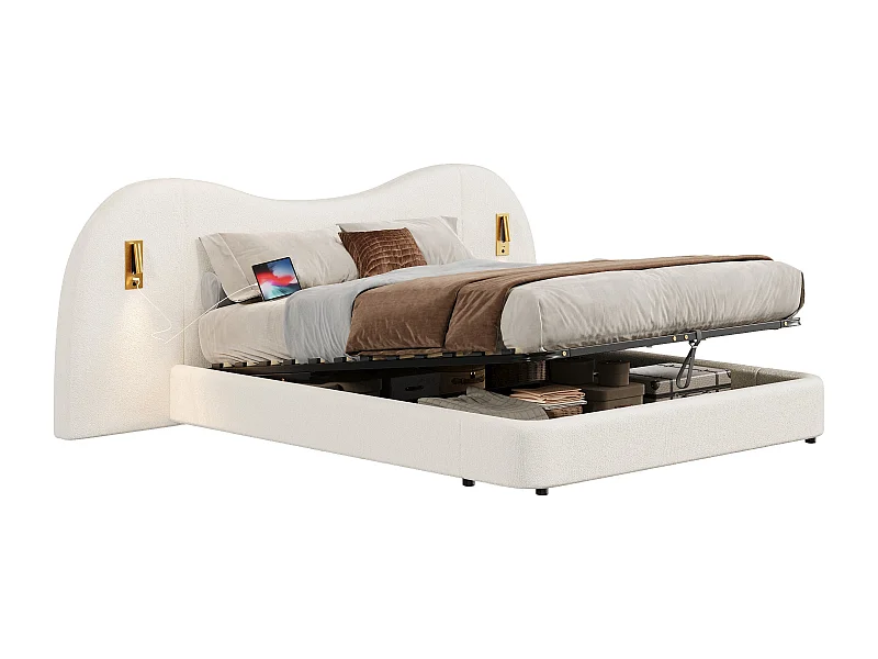 Lit coffre 180x200 cm avec sommier à lattes, lit double fonctionnel hydraulique, tête de lit rembourrée et rangement, port de USB et lampe de lecture, Blanc