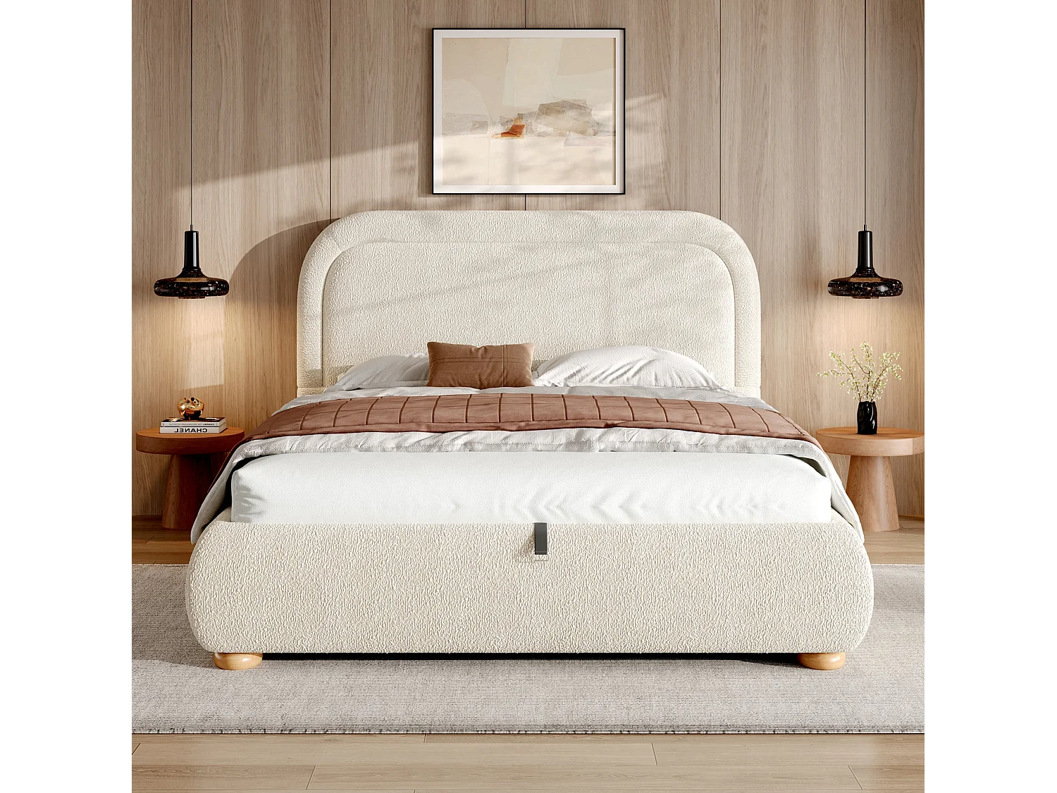 Lit capitonné 140 x 190 cm, avec sommier à lattes, tête de lit rembourrée, tissu bouclé beige, réglable hydrauliquement, avec grand espace de rangement