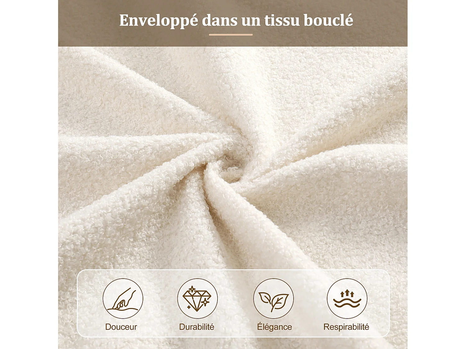Lit capitonné 140 x 190 cm, avec sommier à lattes, tête de lit rembourrée, tissu bouclé beige, réglable hydrauliquement, avec grand espace de rangement