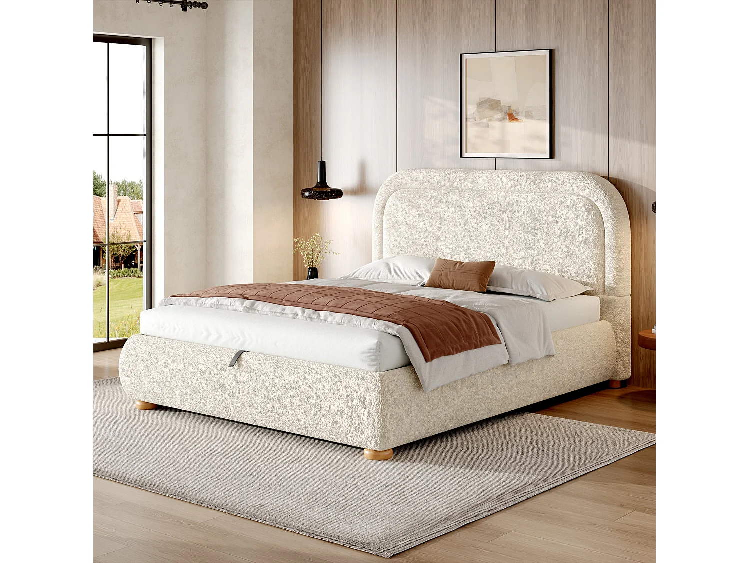 Lit capitonné 140 x 190 cm, avec sommier à lattes, tête de lit rembourrée, tissu bouclé beige, réglable hydrauliquement, avec grand espace de rangement