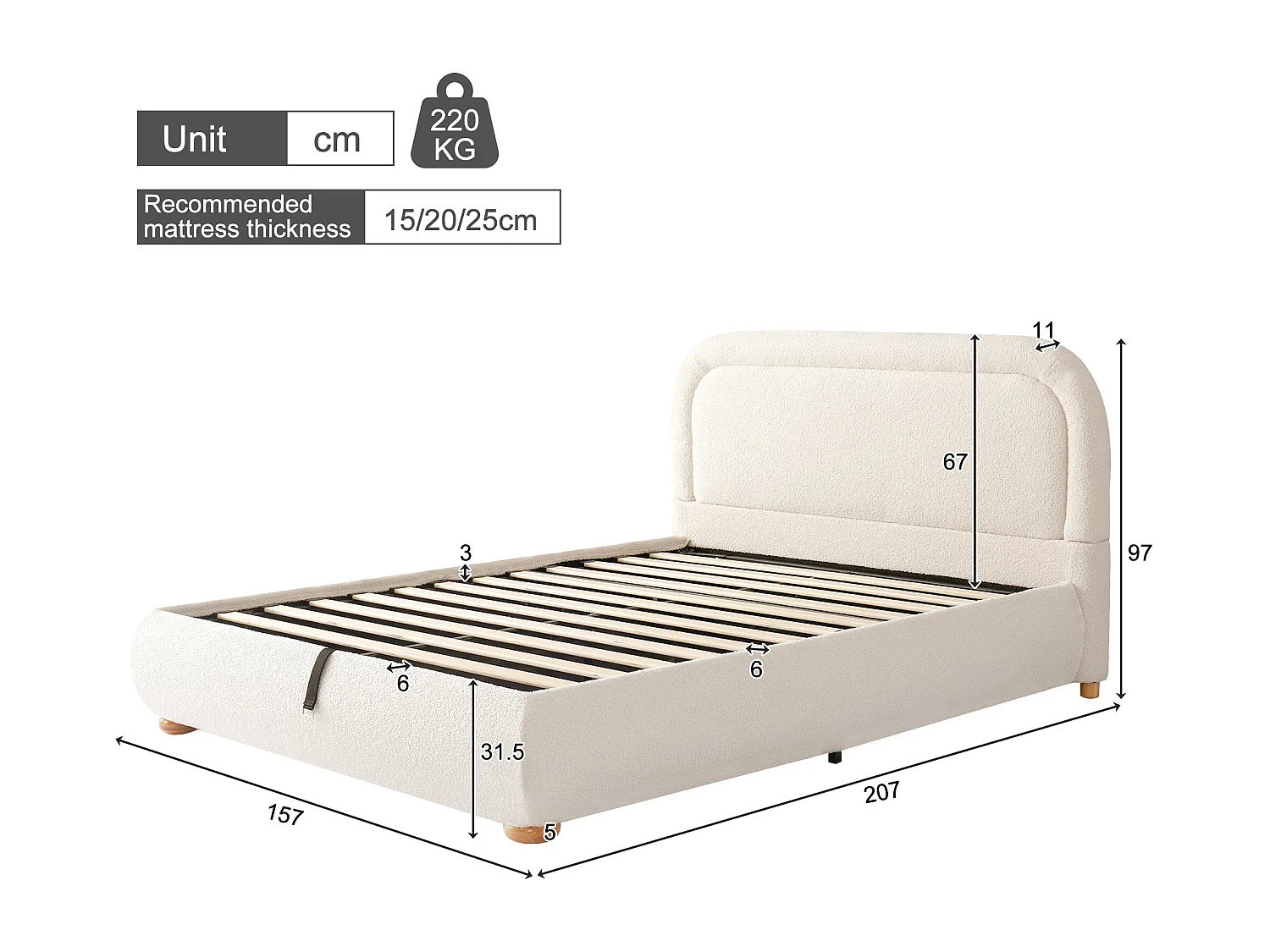 Lit capitonné 140 x 190 cm, avec sommier à lattes, tête de lit rembourrée, tissu bouclé beige, réglable hydrauliquement, avec grand espace de rangement