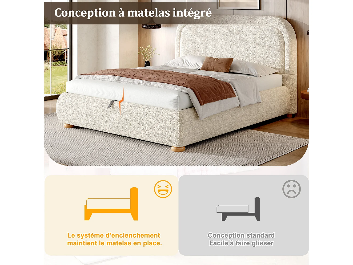Lit capitonné 140 x 190 cm, avec sommier à lattes, tête de lit rembourrée, tissu bouclé beige, réglable hydrauliquement, avec grand espace de rangement
