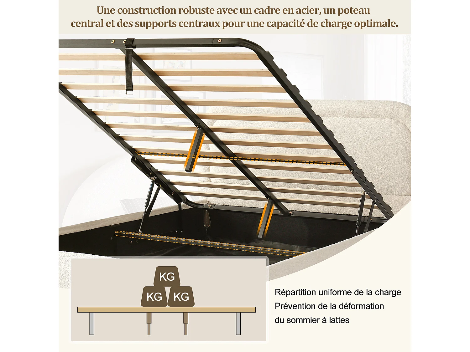 Lit capitonné 140 x 190 cm, avec sommier à lattes, tête de lit rembourrée, tissu bouclé beige, réglable hydrauliquement, avec grand espace de rangement
