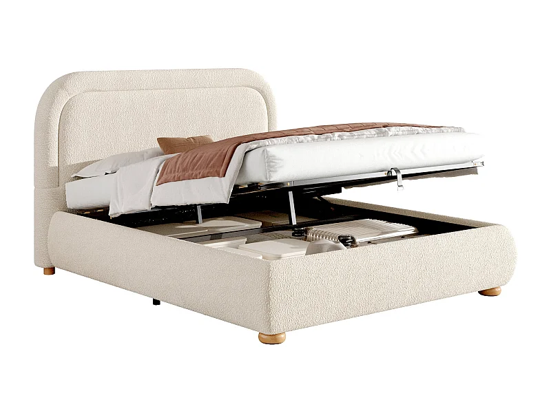 Lit capitonné 140 x 190 cm, avec sommier à lattes, tête de lit rembourrée, tissu bouclé beige, réglable hydrauliquement, avec grand espace de rangement