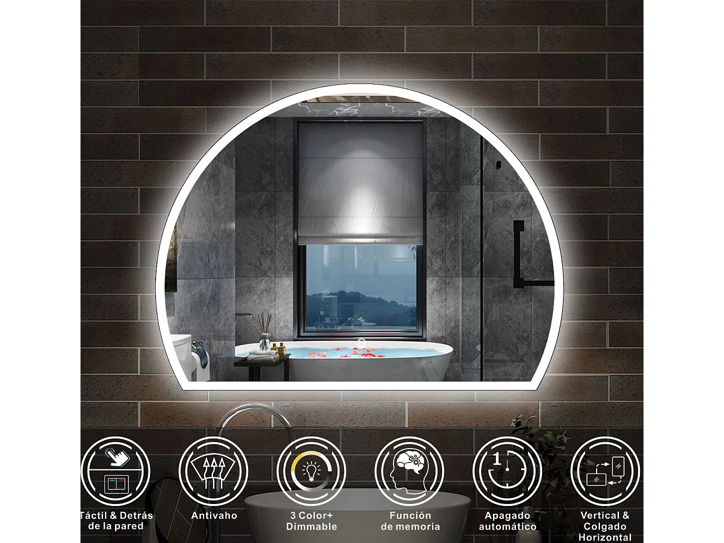 AICA Espejo de baño 100 x 80 cm, Semicircular,antivaho.brillo ajustable y 3 colores ajustable