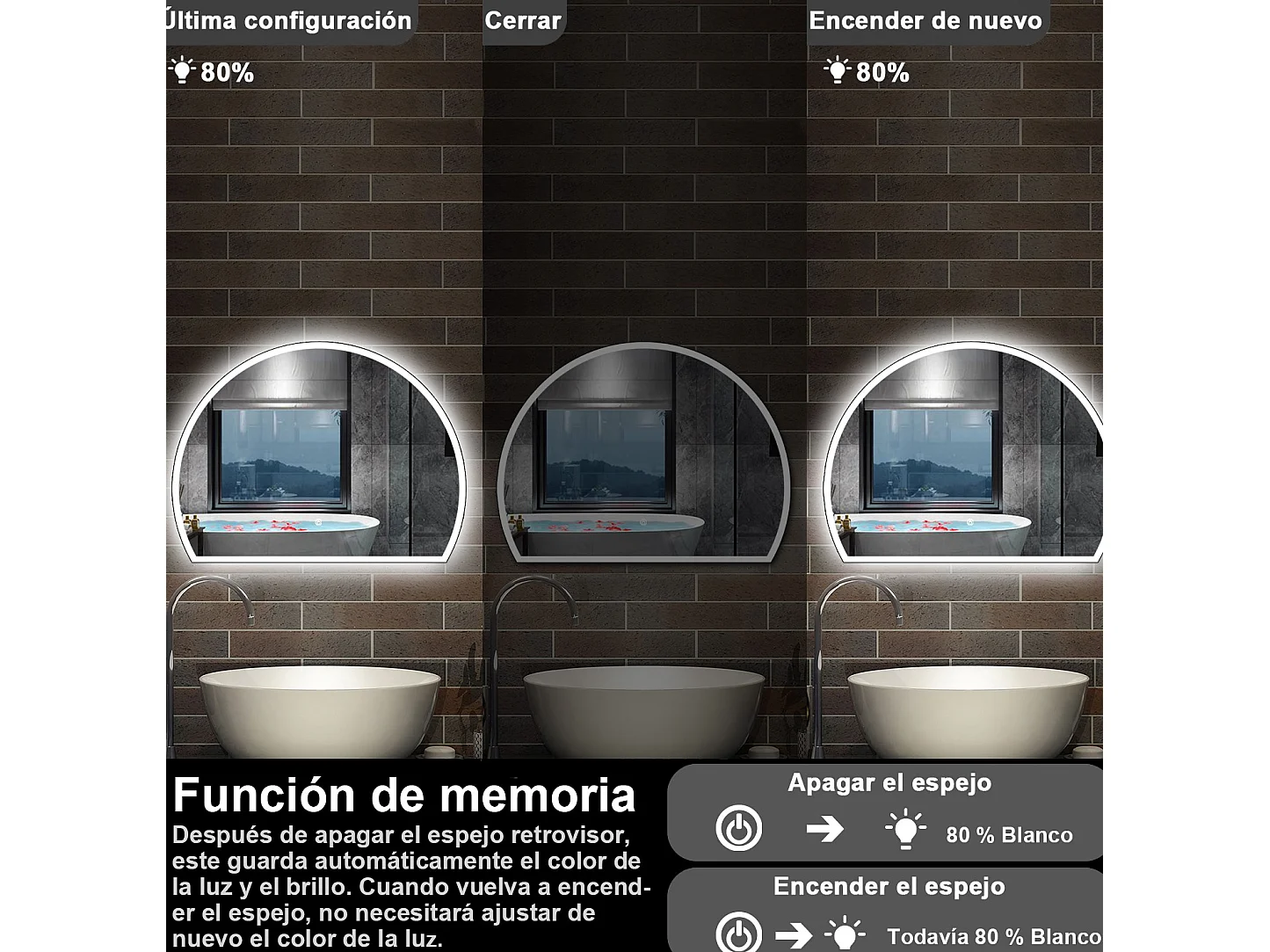 AICA Espejo de baño 100 x 80 cm, Semicircular,antivaho.brillo ajustable y 3 colores ajustable