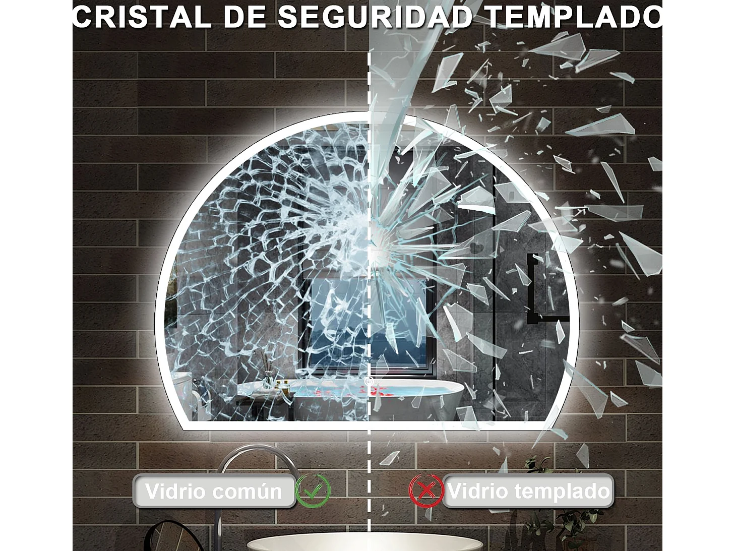 AICA Espejo de baño 100 x 80 cm, Semicircular,antivaho.brillo ajustable y 3 colores ajustable