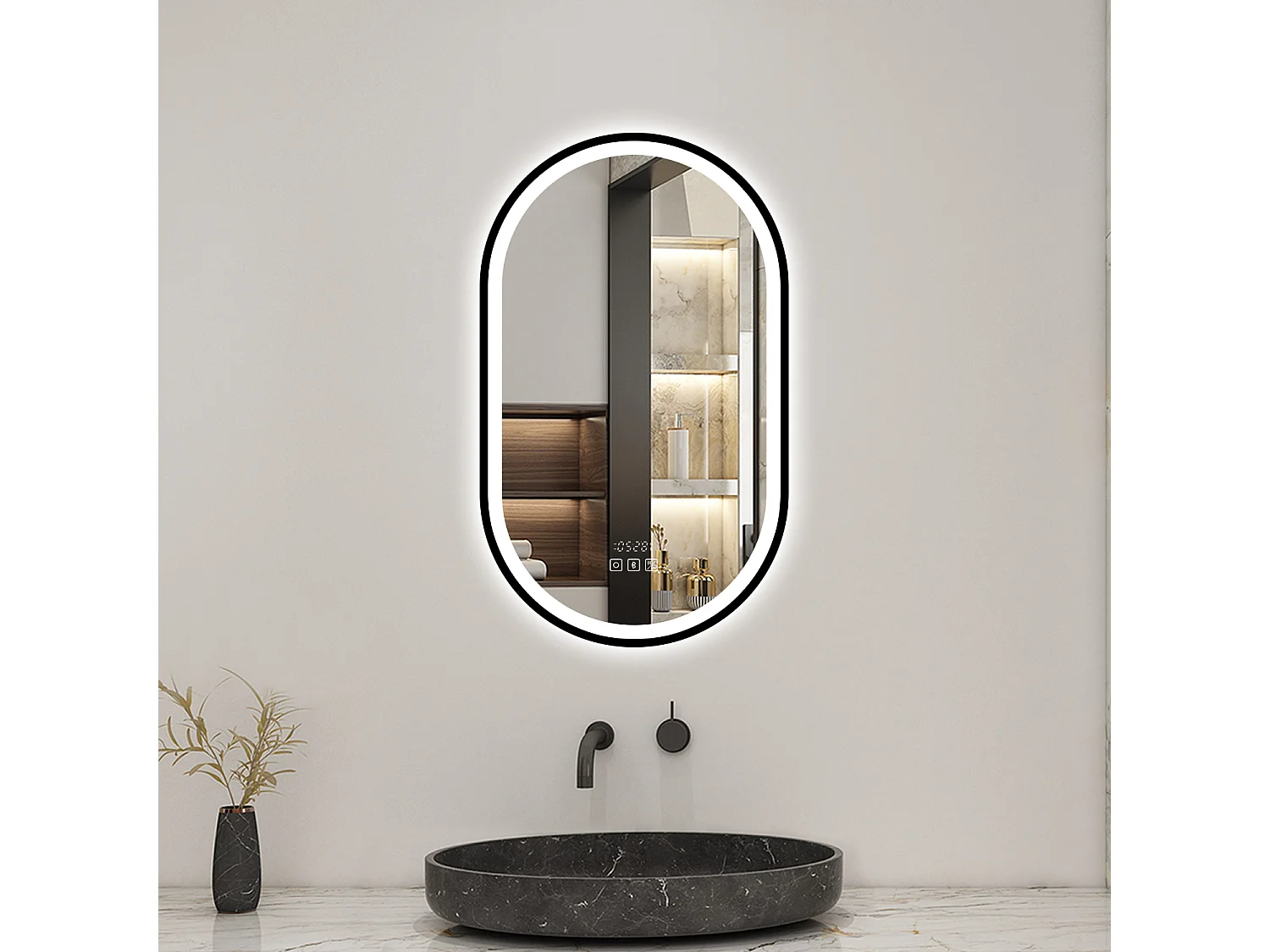 Aica Miroir lumineux de salle de bain Bluetooth Ovale 50x90cm Avec Horloge + 3 Couleurs + Dimmable + Anti-Buée, Noir Cadre Non-Métallique