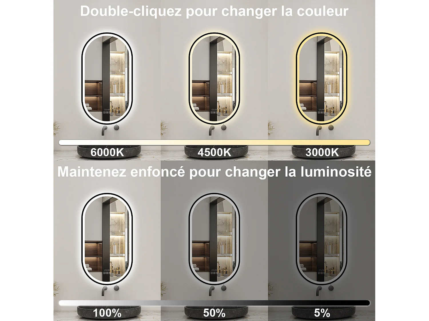 Aica Miroir lumineux de salle de bain Bluetooth Ovale 50x90cm Avec Horloge + 3 Couleurs + Dimmable + Anti-Buée, Noir Cadre Non-Métallique