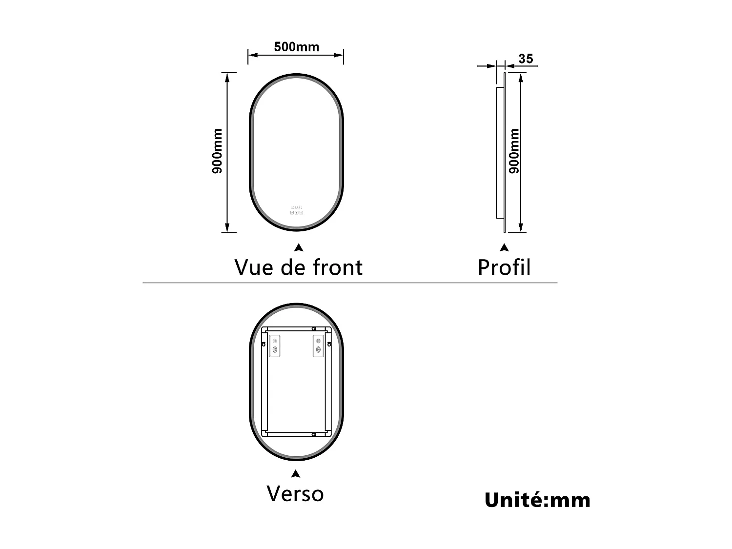 Aica Miroir lumineux de salle de bain Bluetooth Ovale 50x90cm Avec Horloge + 3 Couleurs + Dimmable + Anti-Buée, Noir Cadre Non-Métallique