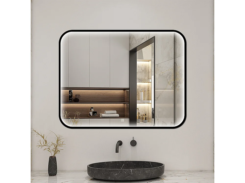 Aica Miroir lumineux de salle de bain 90x70cm Avec 3 Couleurs + Dimmable + Anti-Buée + Mémoire, Noir Cadre Métallique