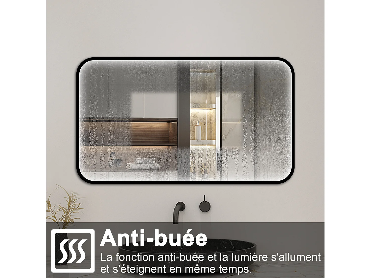 Aica Miroir lumineux de salle de bain 90x70cm Avec 3 Couleurs + Dimmable + Anti-Buée + Mémoire, Noir Cadre Métallique