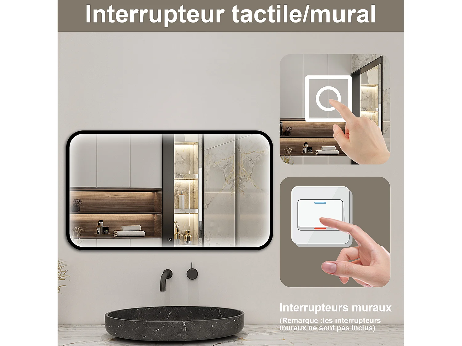 Aica Miroir lumineux de salle de bain 90x70cm Avec 3 Couleurs + Dimmable + Anti-Buée + Mémoire, Noir Cadre Métallique