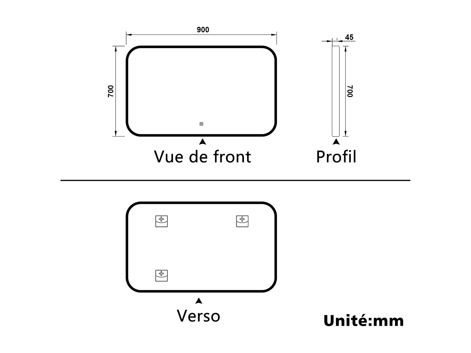 Aica Miroir lumineux de salle de bain 90x70cm Avec 3 Couleurs + Dimmable + Anti-Buée + Mémoire, Noir Cadre Métallique