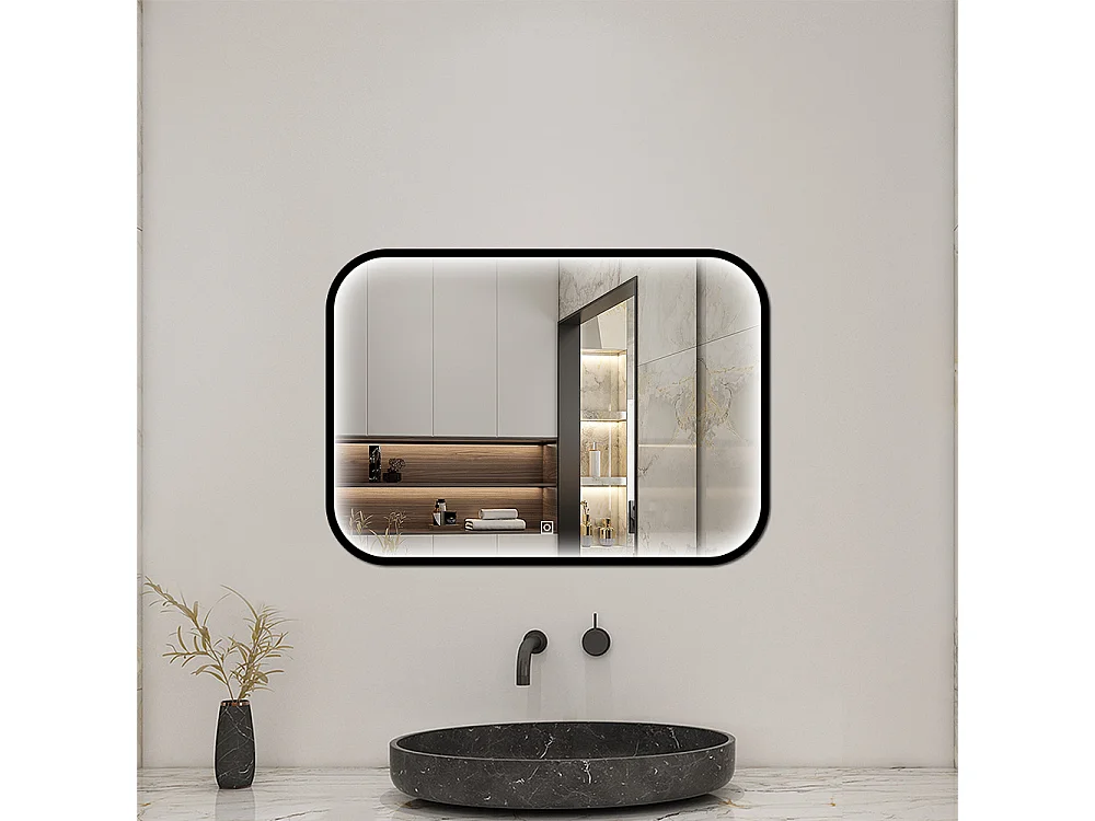 Aica Miroir lumineux de salle de bain 70x50cm Avec 3 Couleurs + Dimmable + Anti-Buée + Mémoire, Noir Cadre Métallique