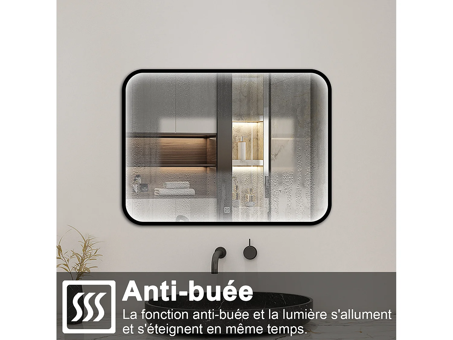 Aica Miroir lumineux de salle de bain 70x50cm Avec 3 Couleurs + Dimmable + Anti-Buée + Mémoire, Noir Cadre Métallique