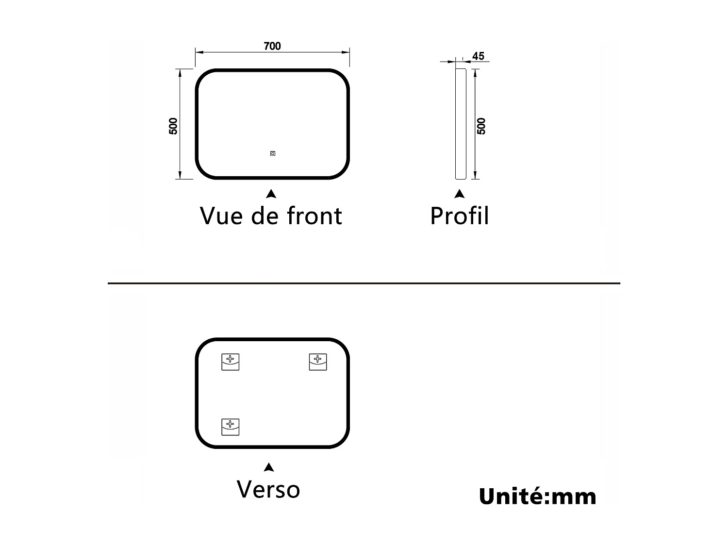 Aica Miroir lumineux de salle de bain 70x50cm Avec 3 Couleurs + Dimmable + Anti-Buée + Mémoire, Noir Cadre Métallique