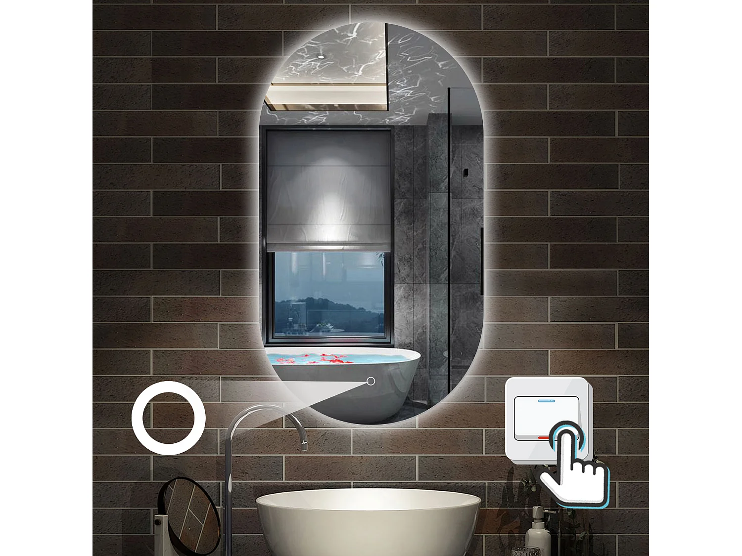 AICA Espejo con luz 60x100cm,Ovalado,brillo ajustable y memoria de apagado