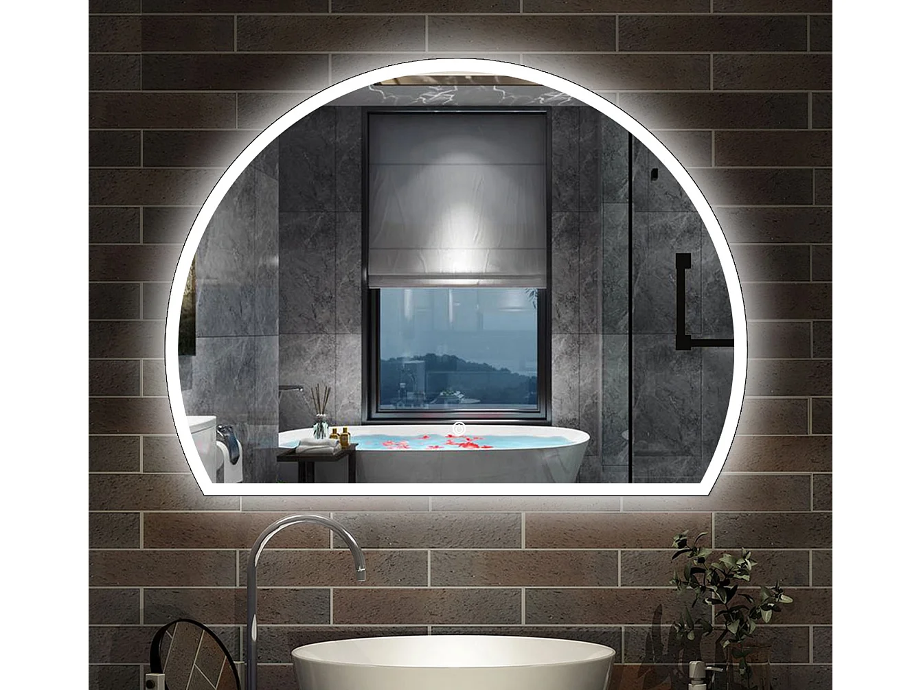 AICA Espejo de baño 120 x 100 cm, Semicircular,antivaho,brillo ajustable y 3 colores ajustable