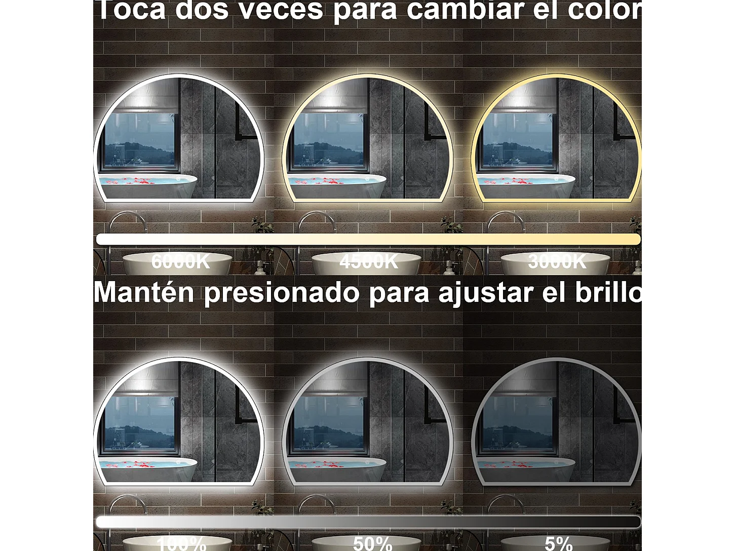 AICA Espejo de baño 120 x 100 cm, Semicircular,antivaho,brillo ajustable y 3 colores ajustable