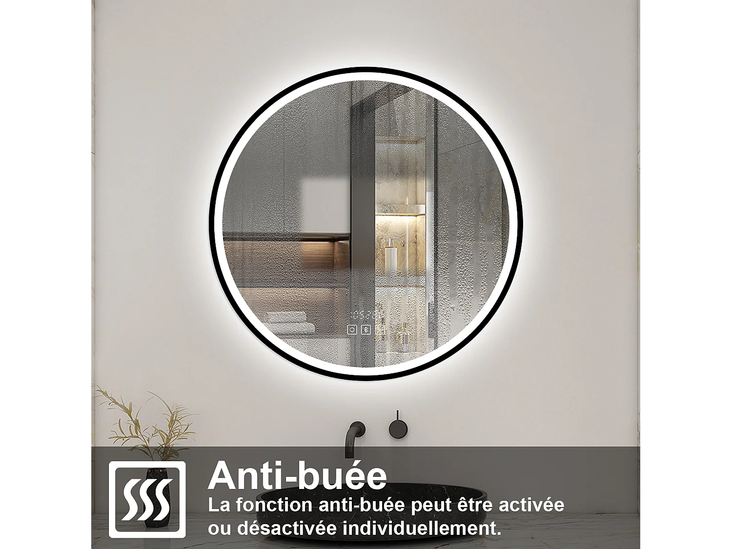 Aica Miroir lumineux de salle de bain Bluetooth Rond 90cm Avec Horloge + 3 Couleurs + Dimmable + Anti-Buée, Noir Cadre Non-Métallique