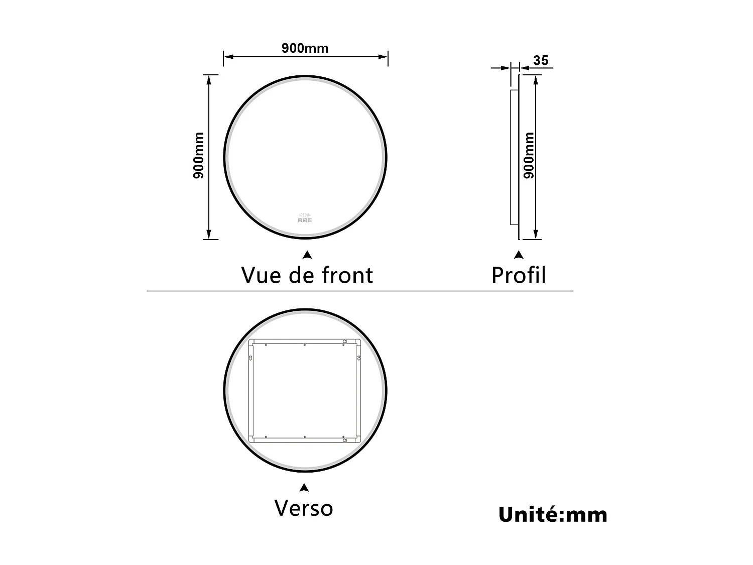 Aica Miroir lumineux de salle de bain Bluetooth Rond 90cm Avec Horloge + 3 Couleurs + Dimmable + Anti-Buée, Noir Cadre Non-Métallique