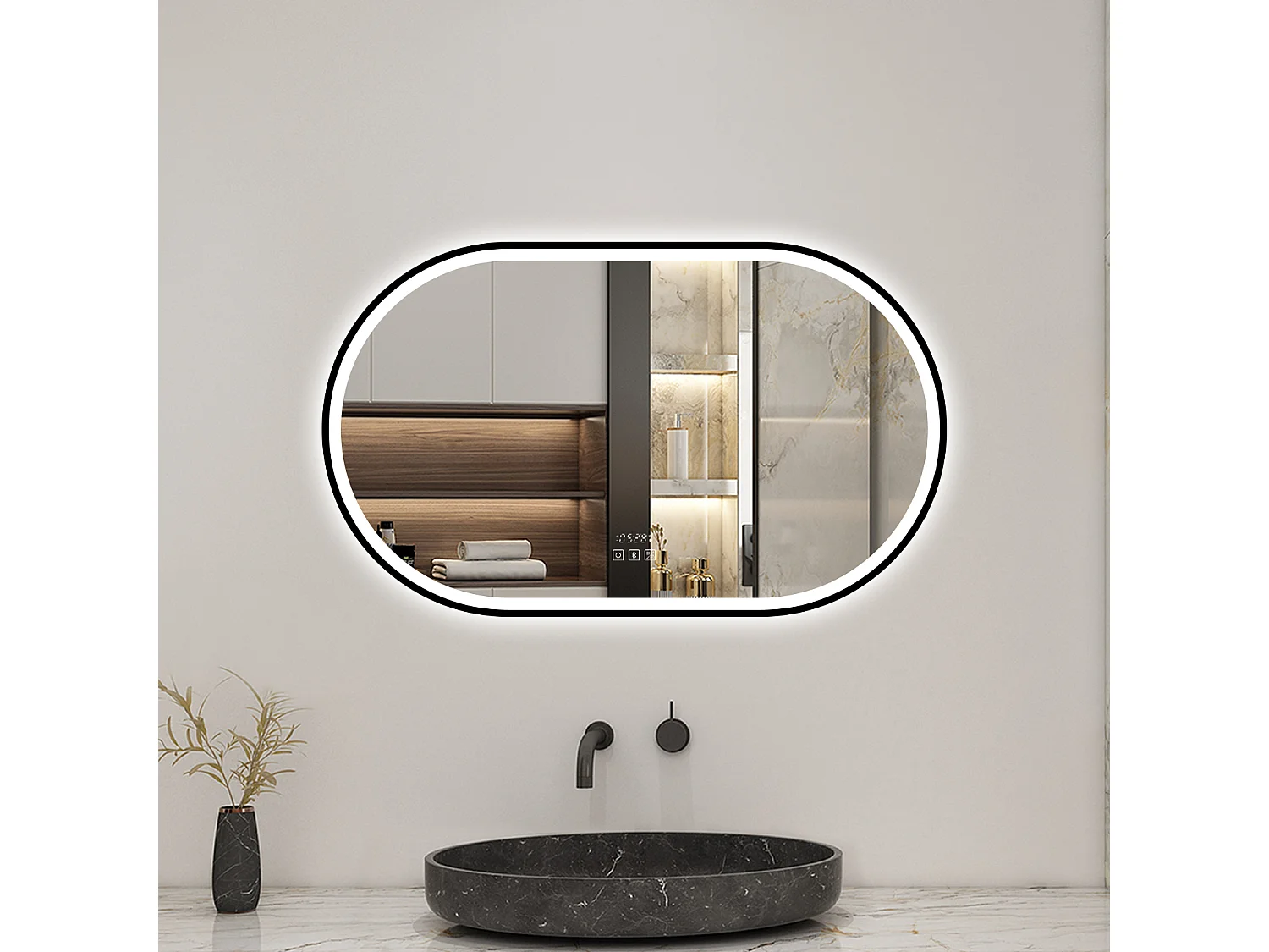 Aica Miroir lumineux de salle de bain Bluetooth Ovale 60x100cm Avec Horloge + 3 Couleurs + Dimmable + Anti-Buée, Noir Cadre Non-Métallique