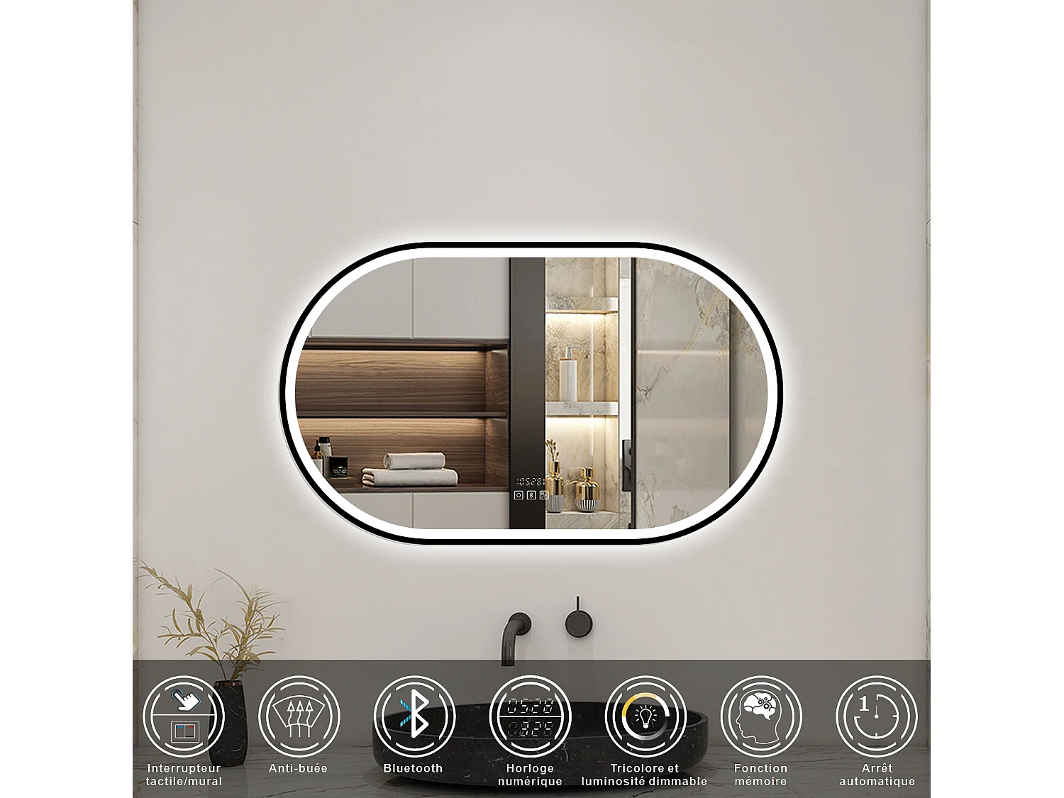 Aica Miroir lumineux de salle de bain Bluetooth Ovale 60x100cm Avec Horloge + 3 Couleurs + Dimmable + Anti-Buée, Noir Cadre Non-Métallique